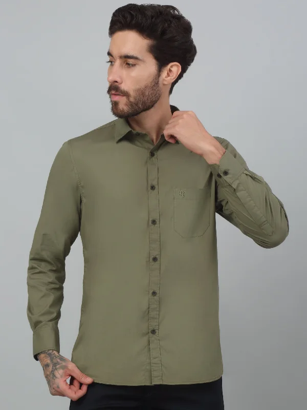 men's elegant dress shirts -Men's Olive Green Casual Plain Stretch Full Sleeve Shirt