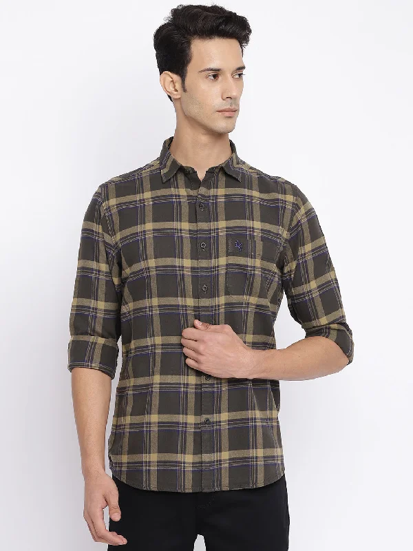 men's casual shirts -Men's Olive Green Casual Big Checks Full Sleeve Shirt