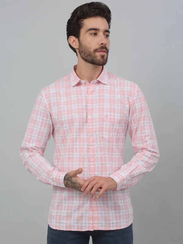 men's button-up shirts with patterns -Men's Pink Casual Medium Checks Full Sleeve Shirt