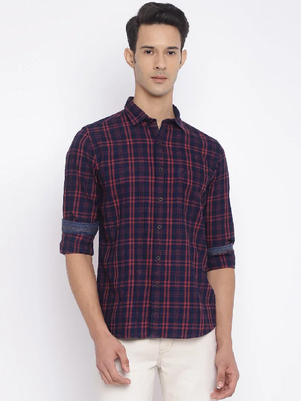 men's casual button-down shirts -Men's Red Casual Medium Checks Full Sleeve Shirt