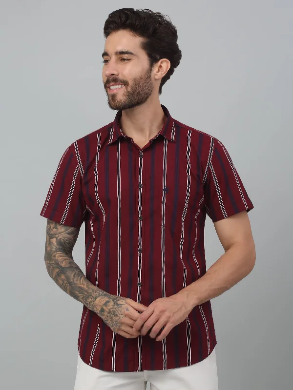 men's stylish slim-fit shirts -Men's Red Casual Broad Stripe Half sleeve Shirt