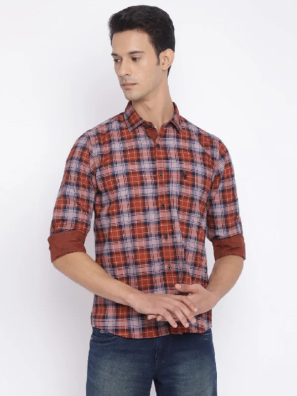 men's cool printed shirts -Men's Rust Casual Medium Checks Full Sleeve Shirt