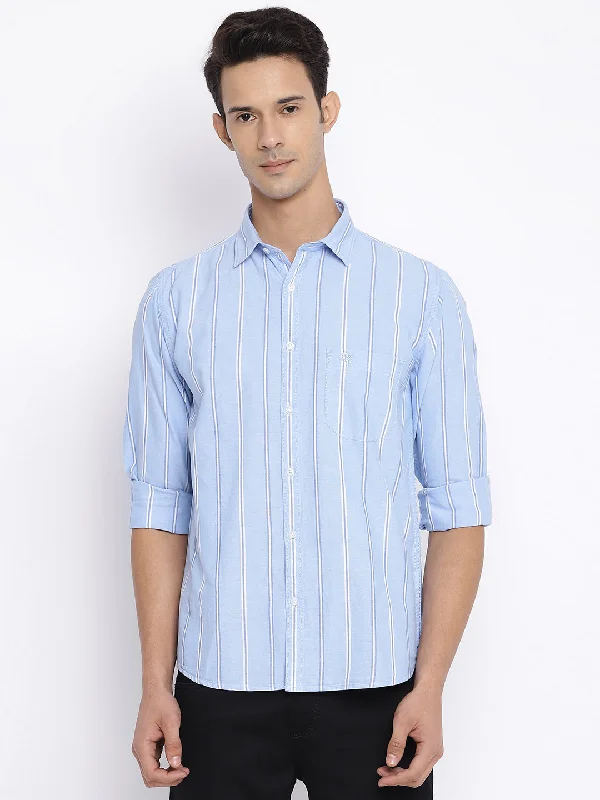 men's relaxed fit shirts -Men's Sky Blue Casual Broad Stripe Full Sleeve Shirt