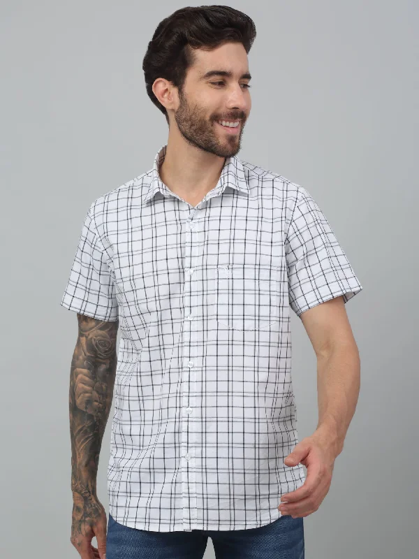 men's slim-fit formal shirts -Men's White Casual Medium Checks Half sleeve Shirt