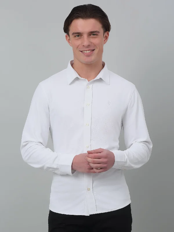 men's patterned dress shirts -Men's White Casual Plain Stretch Full Sleeve Shirt