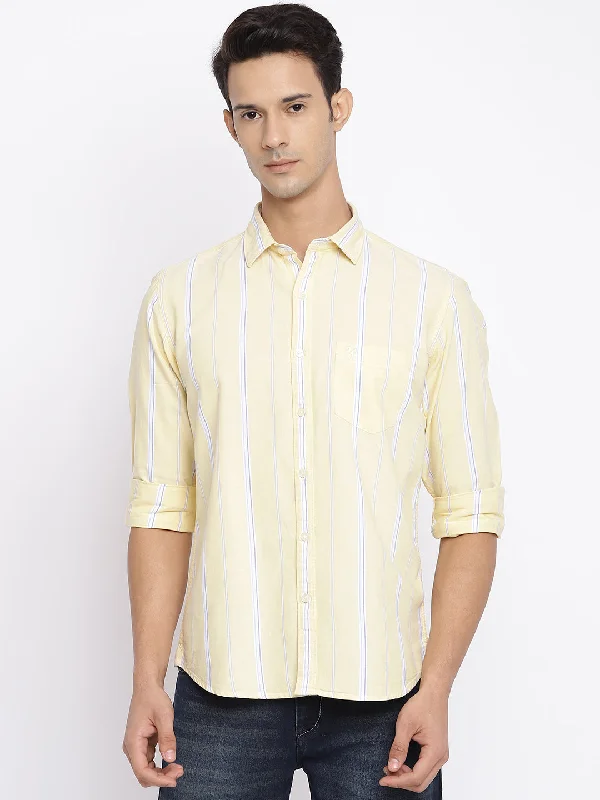 men's solid color shirts -Men's Light Yellow Casual Broad Stripe Full Sleeve Shirt