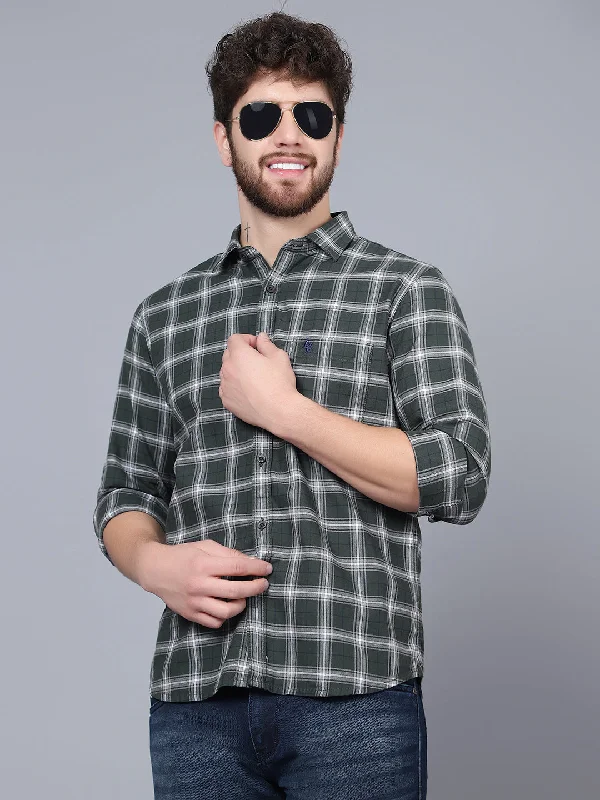 men's checkered shirts -Men's Olive Green Casual Medium Checks Full Sleeve Shirt