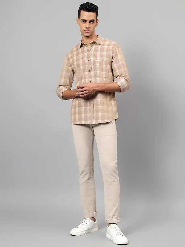 men's stylish shirts -Men's Beige Checked Casual Full Sleeves Shirt