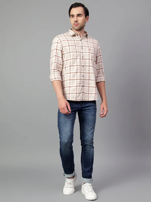 men's short-sleeve button-up shirts -Men's Beige Checked Full Sleeve Casual Shirt