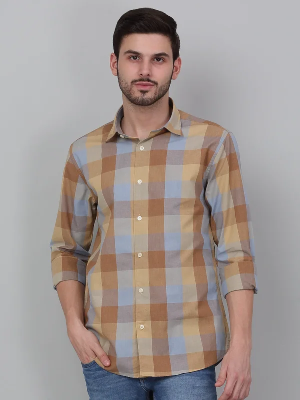 men's business casual shirts -Men's Beige Checkered Full Sleeve Casual Shirt