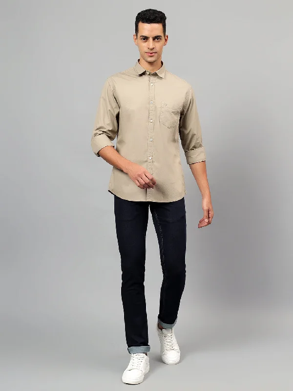 men's lightweight formal shirts -Men's Beige Solid Full Sleeves Casual Shirt