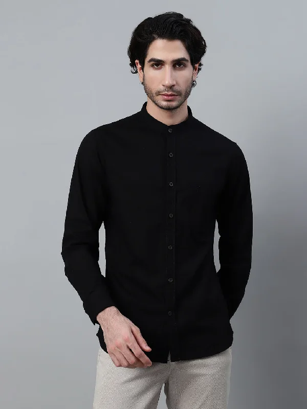 men's long-sleeve shirts -Men's Black Solid Full Sleeve Casual Shirt