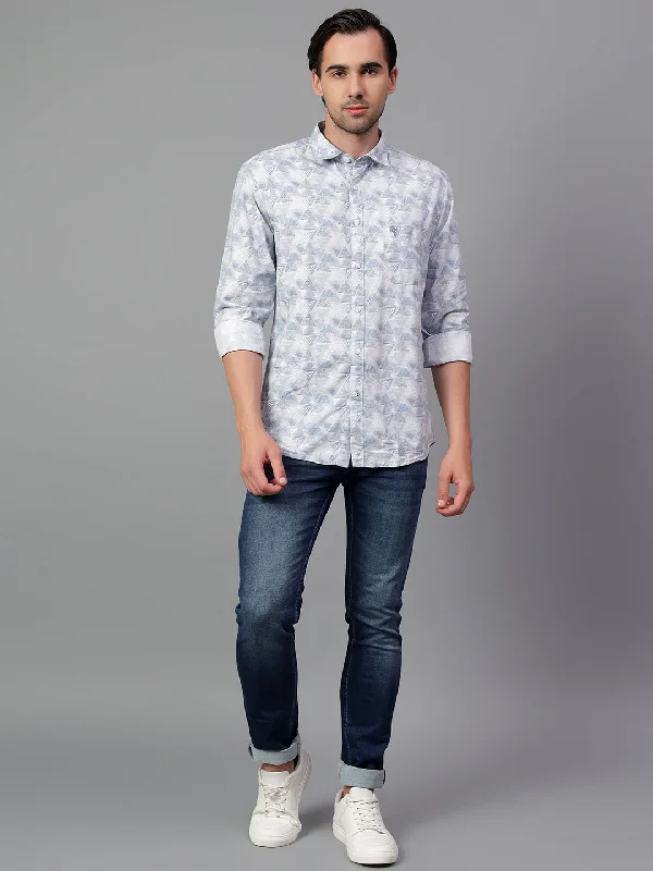 men's fitted button-up shirts -Men's Blue Printed Full Sleeve Casual Shirt