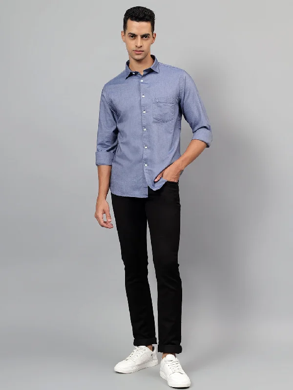 men's comfortable dress shirts -Men's Blue Self Design Casual Full Sleeves Shirt