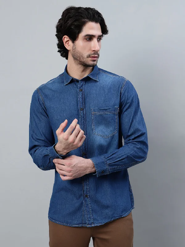 men's stylish business shirts -Men's Blue Solid Full Sleeve Casual Shirt