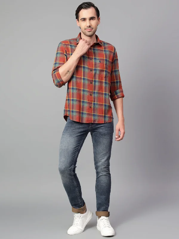 men's short-sleeve casual shirts -Men's Brown Checked Full Sleeve Casual Shirt