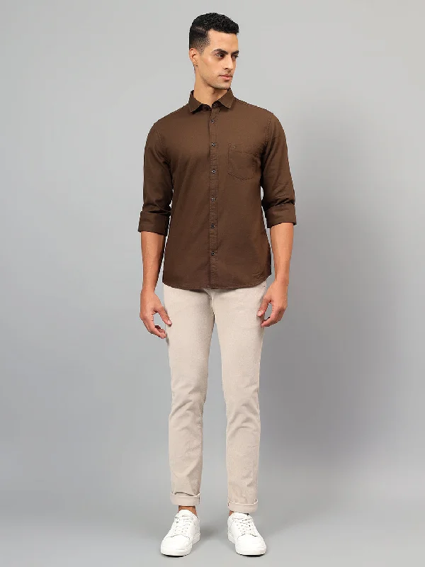 men's fitted button-up shirts -Men's Brown Self Design Full Sleeves Casual Shirt