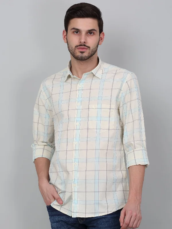 men's business casual shirts -Men's Cream Checkered Full Sleeve Casual Shirt