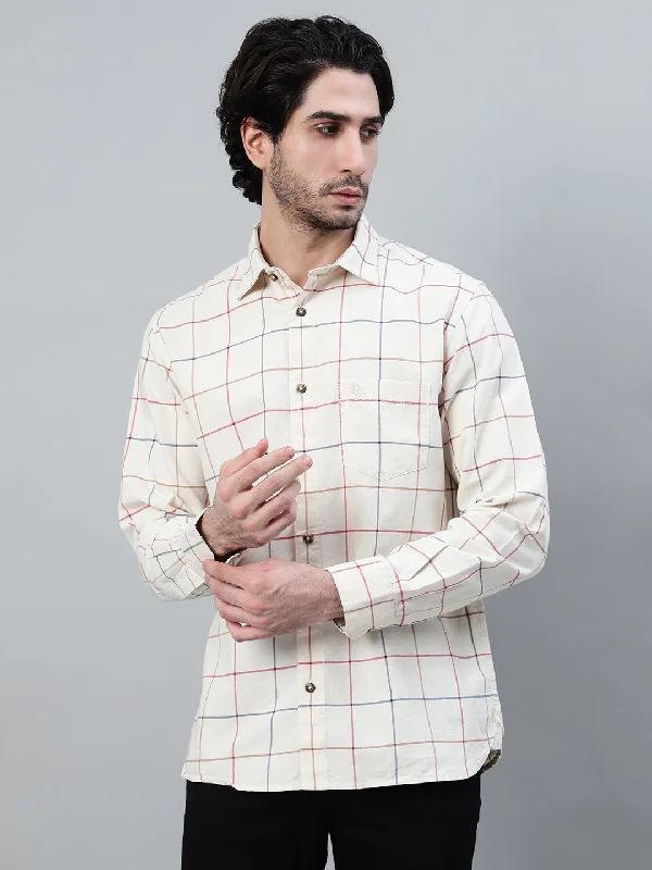 men's button-up shirts -Men's Cream Checkered Full Sleeve Casual Shirt