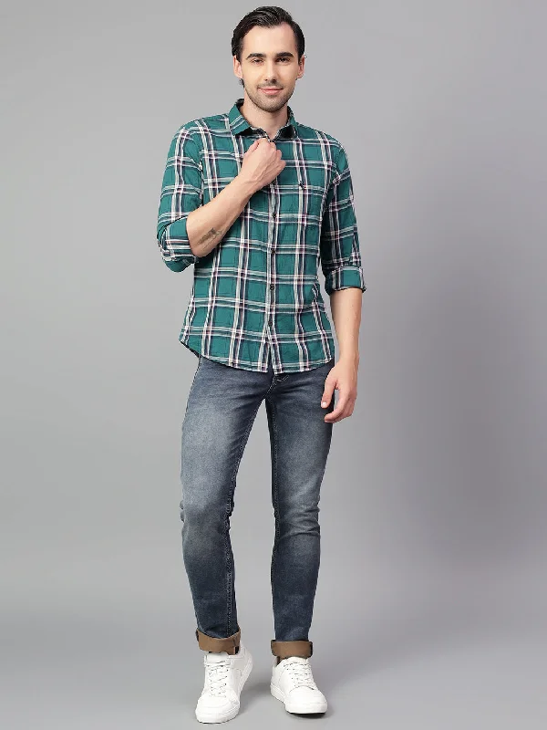 men's relaxed office shirts -Men's Green Checked Full Sleeve Casual Shirt