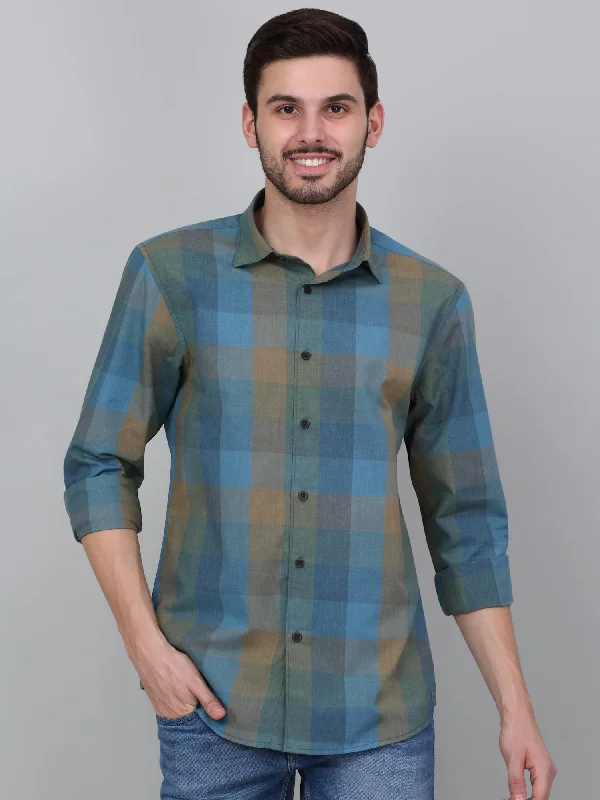 men's Hawaiian shirts -Men's Green Checkered Full Sleeve Casual Shirt