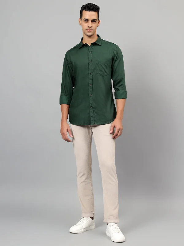 men's modern fit shirts -Men's Green Solid Full Sleeves Casual Shirt