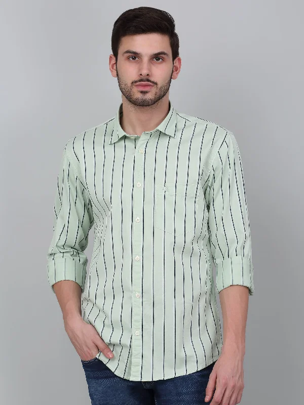 men's patterned button-down shirts -Men's Green Striped Full Sleeve Casual Shirt