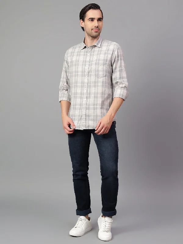 men's breathable button-up shirts -Men's Grey Checked Full Sleeve Casual Shirt