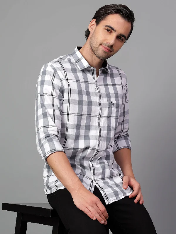 men's business shirts for work -Men's Grey Checked Full Sleeve Casual Shirt