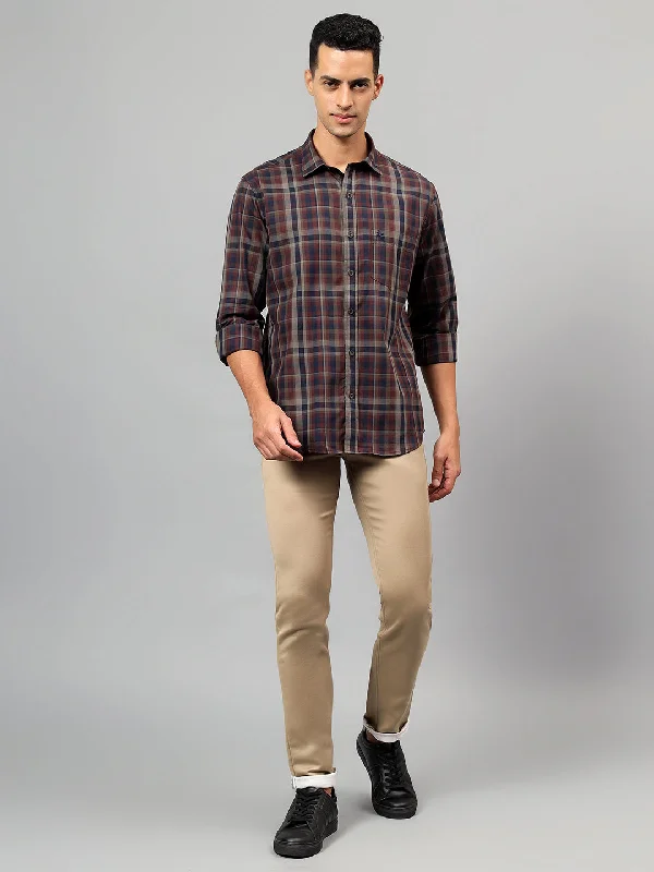 men's classic short-sleeve shirts -Men's Maroon Checked Casual Full Sleeves Shirt