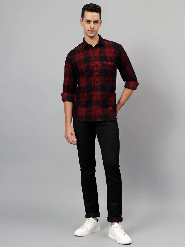 men's summer shirts -Men's Maroon Checked Casual Full Sleeves Shirt