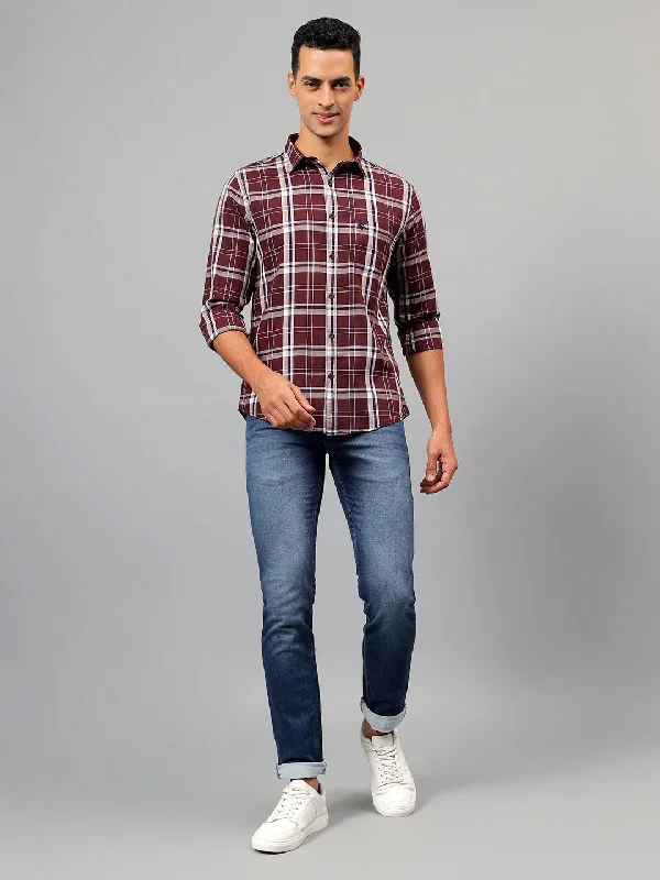 men's designer shirts -Men's Maroon Checked Full Sleeves Casual Shirt