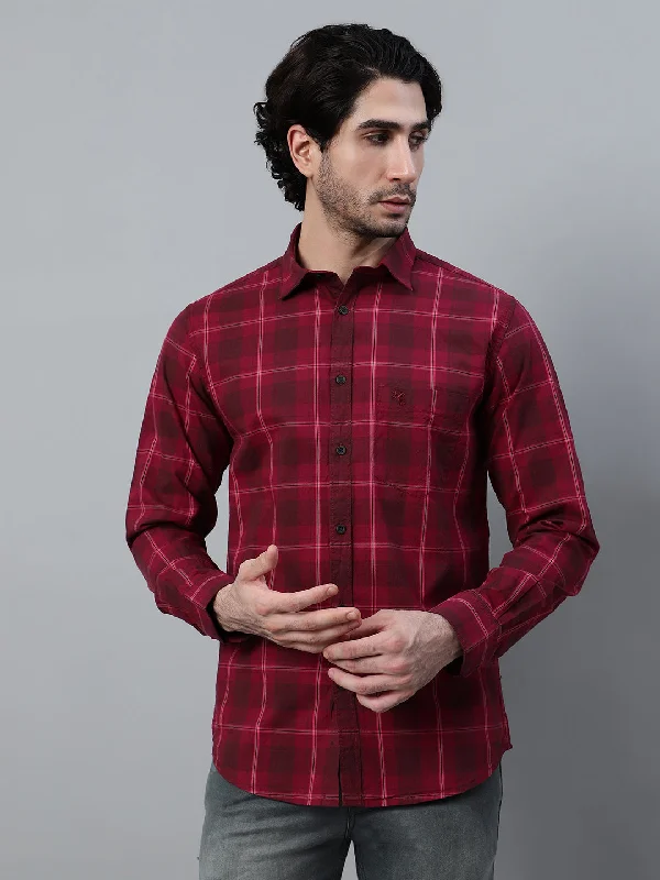 men's cotton shirts -Men's Maroon Checkered Full Sleeve Casual Shirt