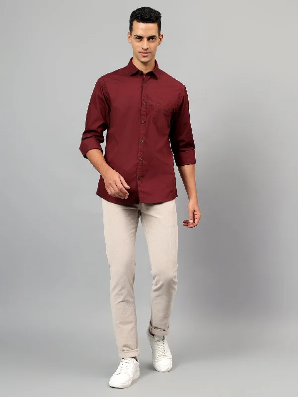 men's checkered formal shirts -Men's Maroon Solid Casual Full Sleeves Shirt