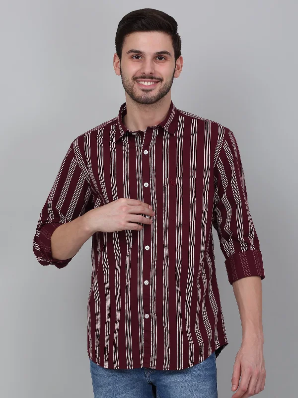 men's breathable shirts -Men's Maroon Striped Full Sleeve Casual Shirt