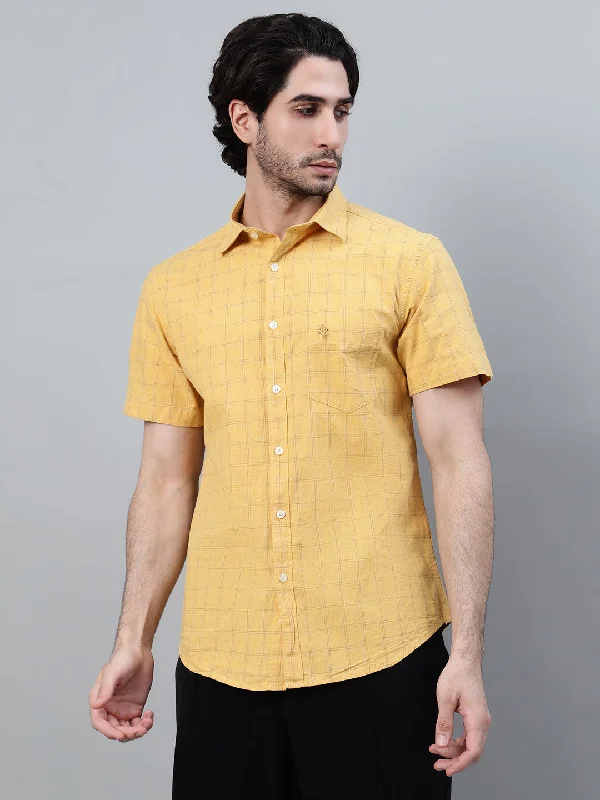 men's breathable dress shirts -Men's Mustard Checkered Half Sleeve Casual Shirt