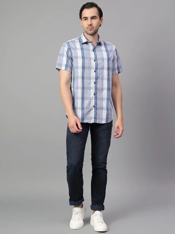 men's casual shirt styles -Men's Navy Blue Checked Full Sleeve Casual Shirt