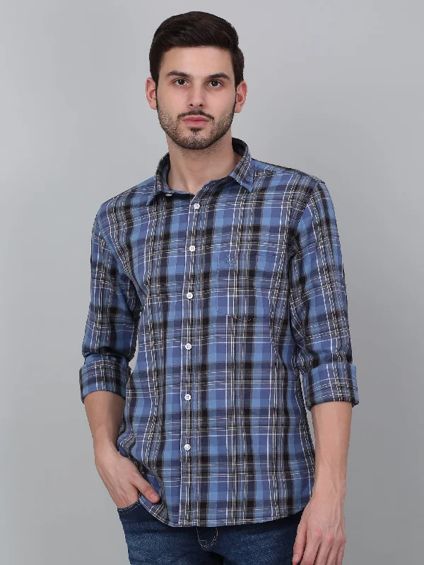 men's office button-up shirts -Men's Navy Blue Checkered Full Sleeve Casual Shirt