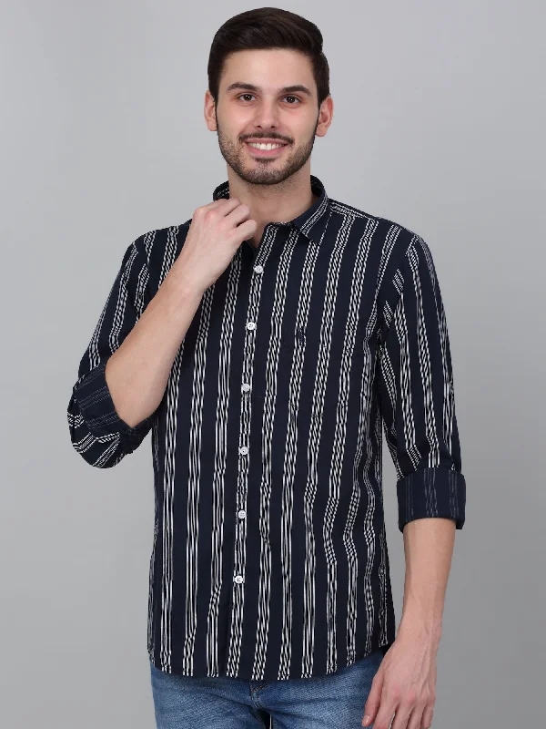 men's casual work shirts -Men's Navy Blue Striped Full Sleeve Casual Shirt