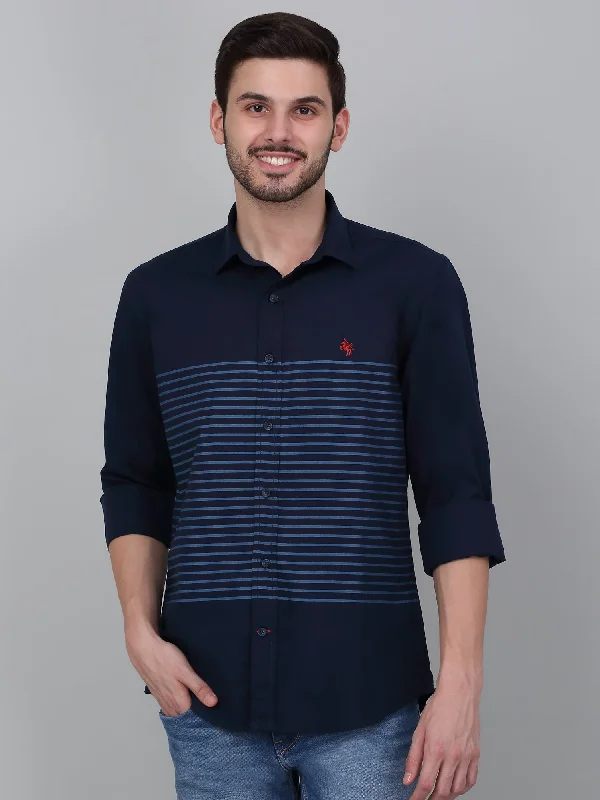 men's plaid checkered shirts -Men's Navy Blue Striped Full Sleeve Casual Shirt