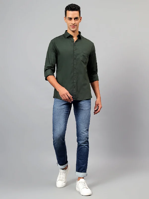 men's stylish short-sleeve shirts -Men's Olive Green Solid Full Sleeves Casual Shirt