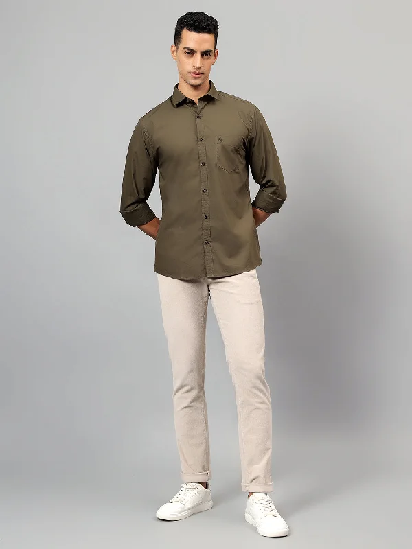 men's short-sleeve business shirts -Men's Olive Solid Casual Full Sleeves Shirt