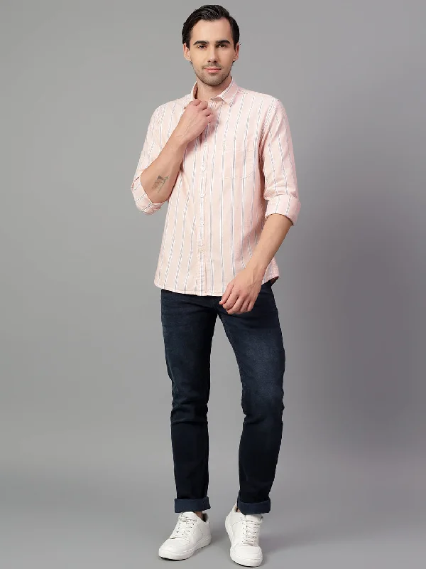 men's fashionable shirts for work -Men's Peach Stripe Full Sleeve Casual Shirt