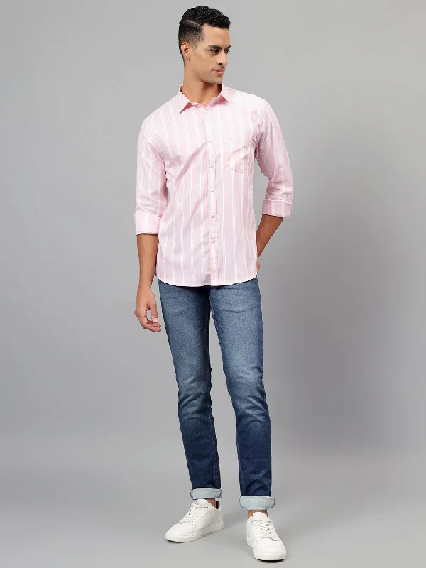 men's Hawaiian shirts -Men's Pink Striped Casual Full Sleeves Shirt