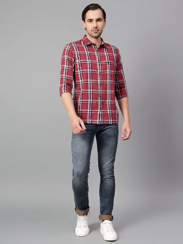 men's cotton-blend shirts -Men's Red Checked Full Sleeve Casual Shirt