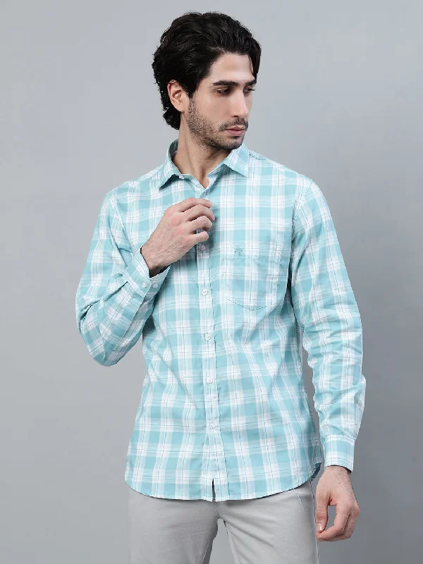 men's casual fit shirts -Men's Sky Blue Checkered Full Sleeve Casual Shirt