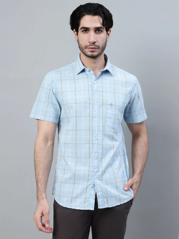 men's fitted button-up shirts -Men's Sky Blue Checkered Half Sleeve Casual Shirt