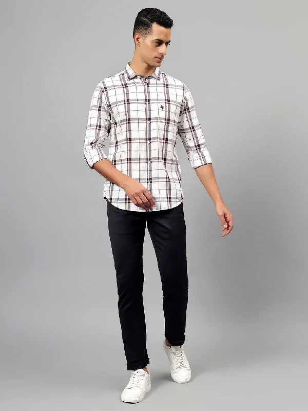 men's stylish slim-fit shirts -Men's White Checked Full Sleeves Casual Shirt