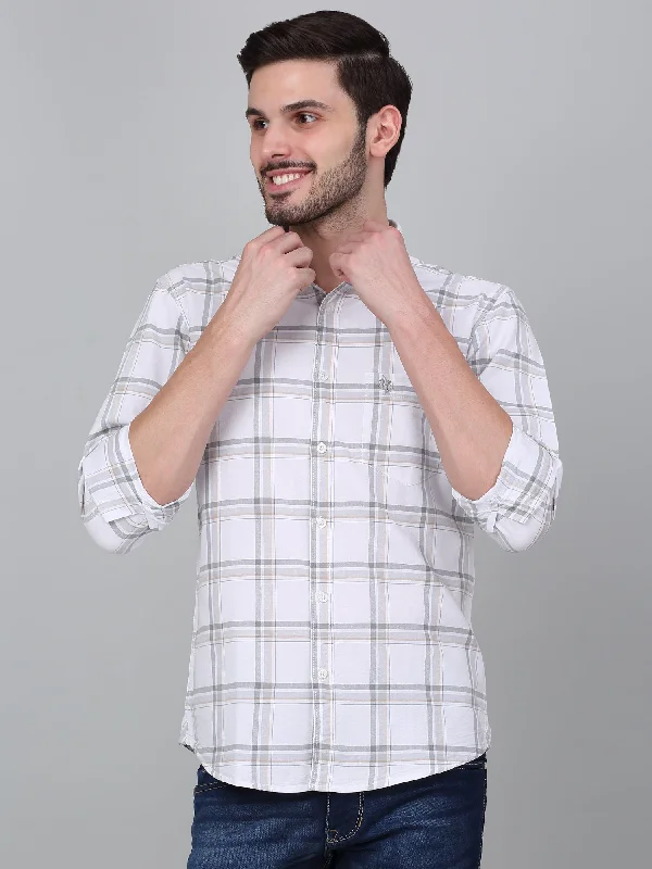 men's dress shirts with cuffs -Men's White Checkered Full Sleeve Casual Shirt