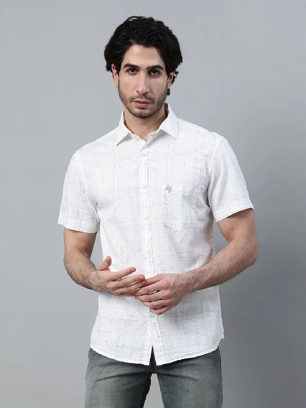 men's custom-fit shirts -Men's White Checkered Half Sleeve Casual Shirt